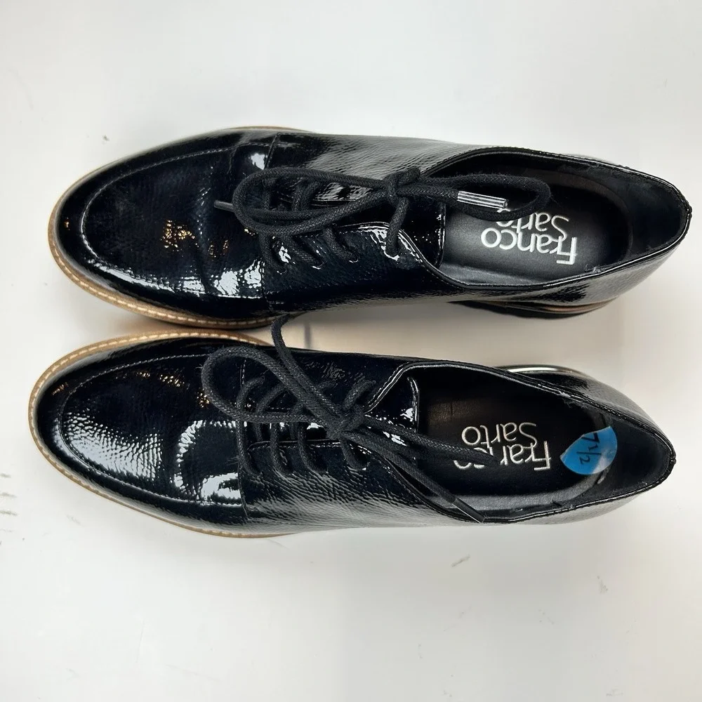 Franco Sarto Charles Shoe 7.5 M Lug Sole Derby Oxford Black Faux Patent Comfort